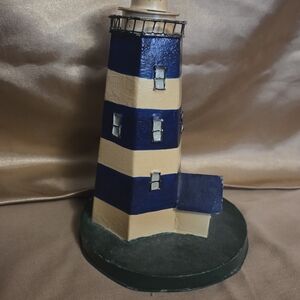 Nautical Blue & Tan Lighthouse Balsa Wood Figurine Coastal Home Decor Accents